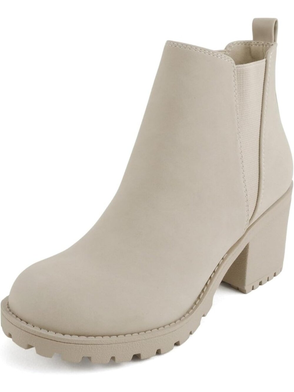 Women's Sand Nubuck Origami Lug Sole Mid Heel Ankle Bootie Double Elastic Boot - Picture 2 of 5